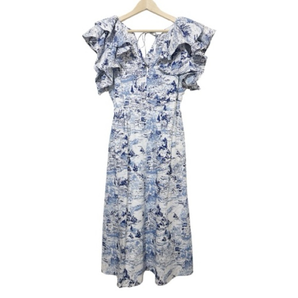 Sugarlips Francine Toile Sky Santana Tie Back Ruffle Midi Dress Blue White Sz M - Picture 2 of 8